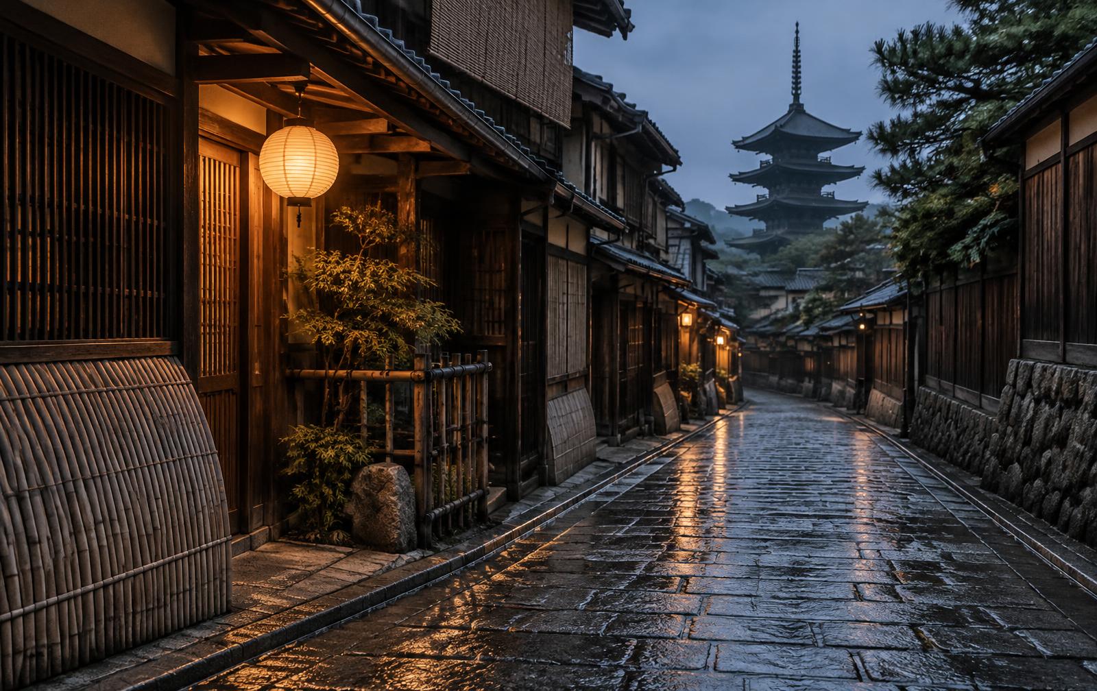 Quiet rain-dampened stone lane lined with dark timber machiya teahouses and a warm paper lantern in Kyoto at dawn