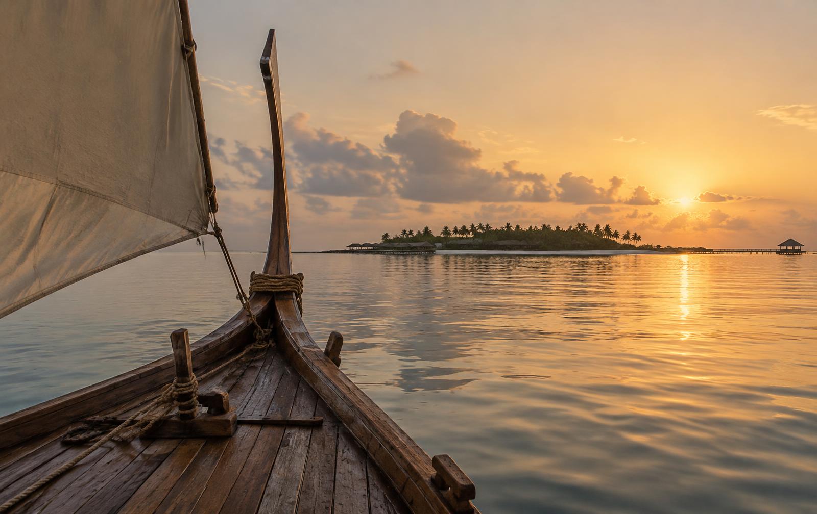 Traditional wooden Maldivian dhoni boat sailing across a calm turquoise lagoon at golden hour in Baa Atoll