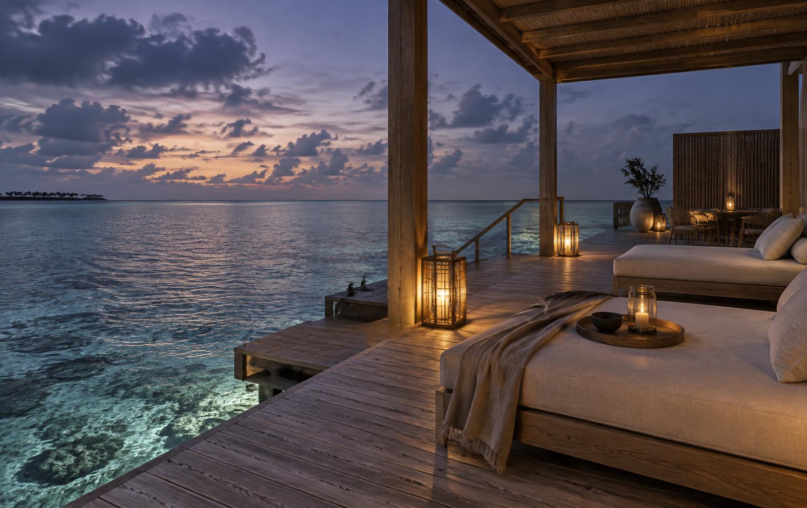 Minimalist timber overwater pavilion deck looking out over a calm house reef in the southern Maldives at twilight