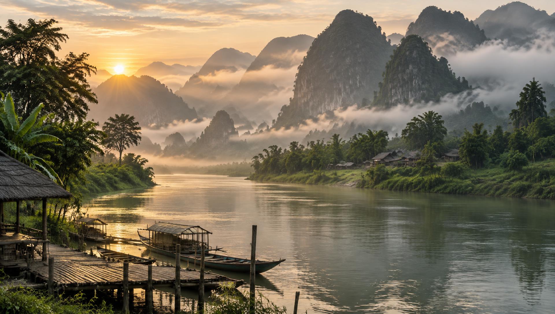 Misty limestone mountains and river valley in Southeast Asia at dawn