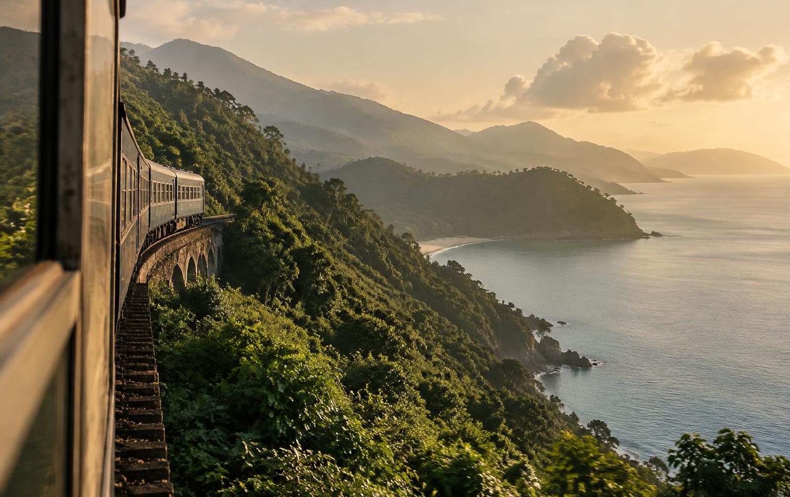 View from a classic coastal train curving along the lush green cliffs of the Hai Van Pass above the sea in central Vietnam