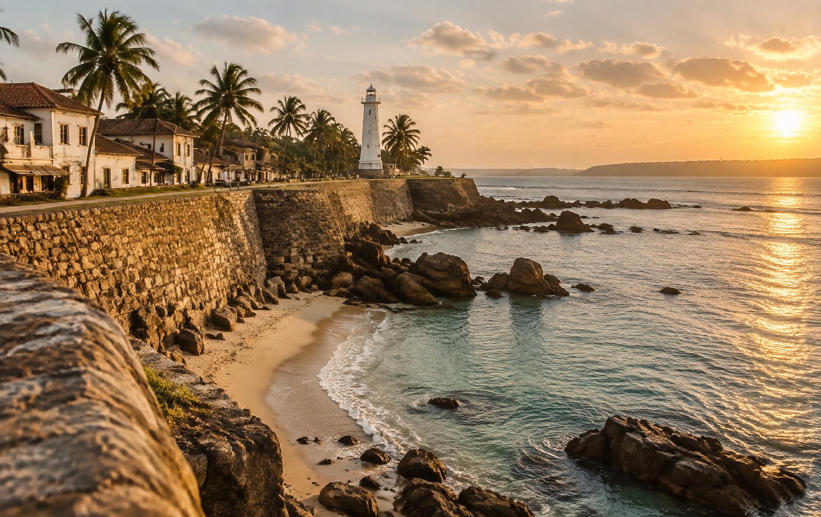 Golden hour light over the stone ramparts of Galle Fort and a calm palm-lined cove on Sri Lanka's south coast