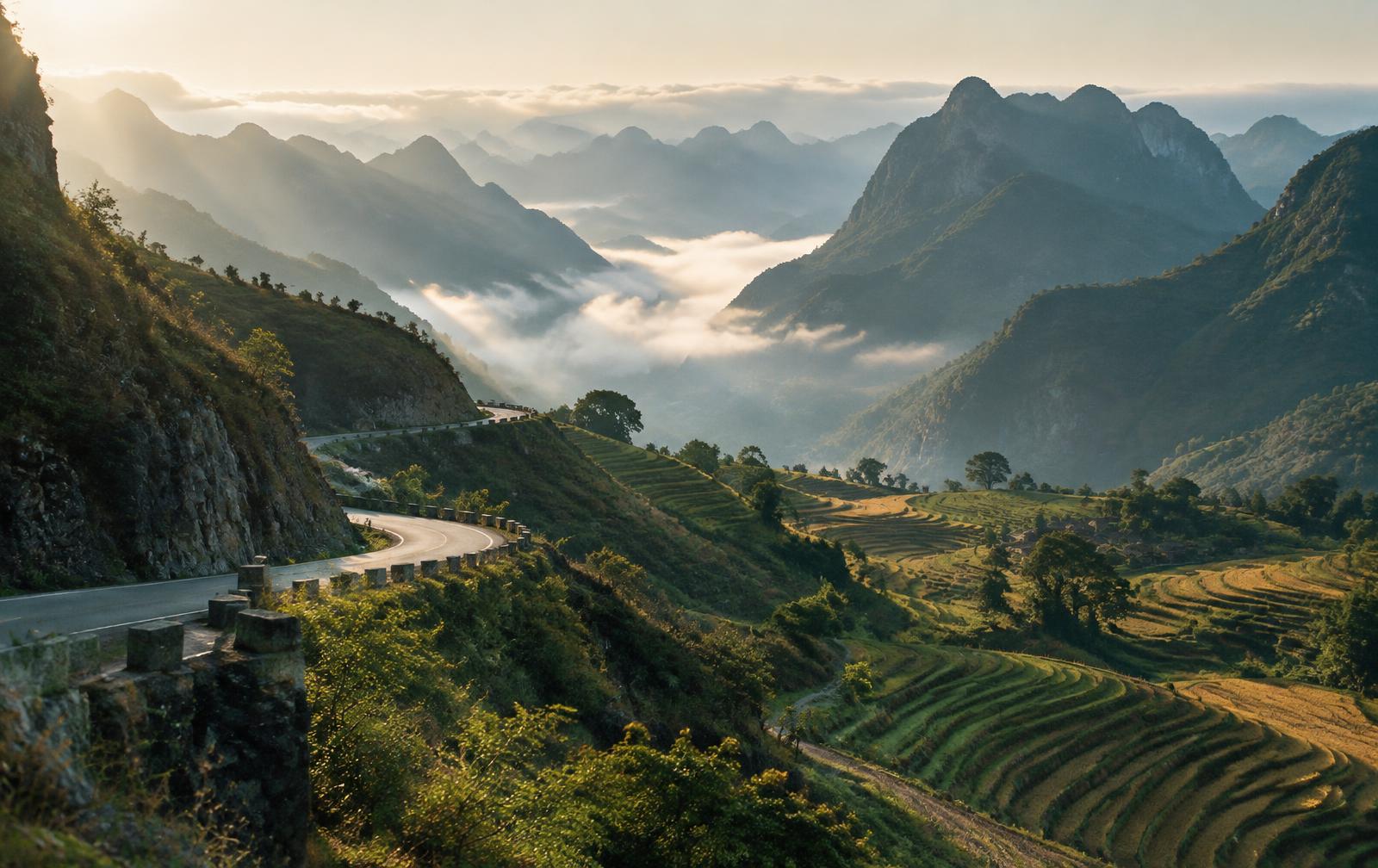 Winding mountain pass and sculpted green rice terraces in the Dong Van Karst Plateau of Ha Giang, northern Vietnam