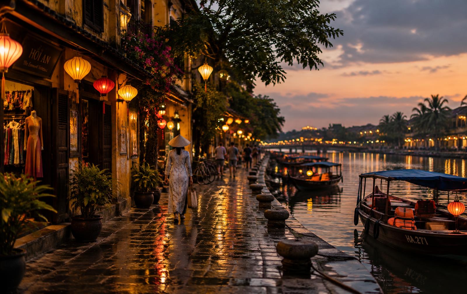 Warm silk lanterns glowing along ochre-walled heritage shophouses beside the Thu Bon River in Hoi An at dusk